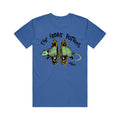 The Front Bottoms blue Bella Canvas T-shirt shows a possum walking through yellow-orange portals, with THE FRONT BOTTOMS above and NEW JERSEY below—perfect for fans of unique band apparel.