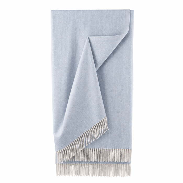 Recycled Wool Herringbone Blanket with Fringe - Soft Warm Throw - CORNFLOWER - Heritage Of Scotland -