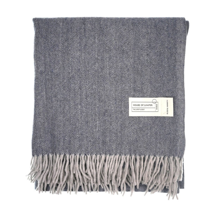 Recycled Wool Herringbone Blanket with Fringe - Soft Warm Throw - DENIM - Heritage Of Scotland -