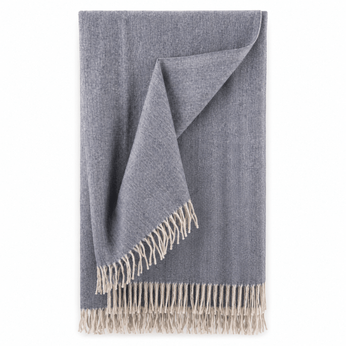 Recycled Wool Herringbone Blanket with Fringe - Soft Warm Throw - DENIM - Heritage Of Scotland -