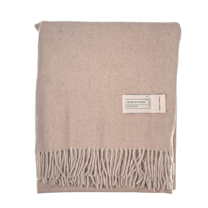 Recycled Wool Herringbone Blanket with Fringe - Soft Warm Throw - OATMEAL - Heritage Of Scotland -