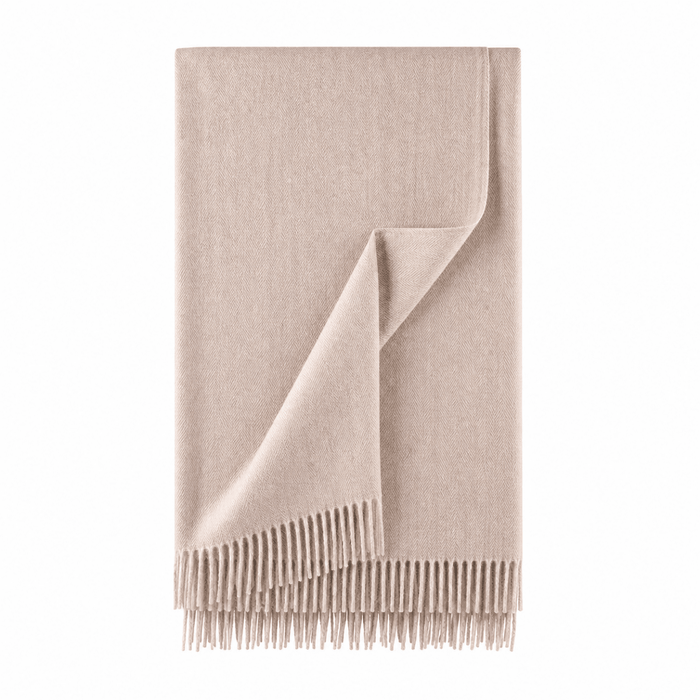 Recycled Wool Herringbone Blanket with Fringe - Soft Warm Throw - OATMEAL - Heritage Of Scotland -