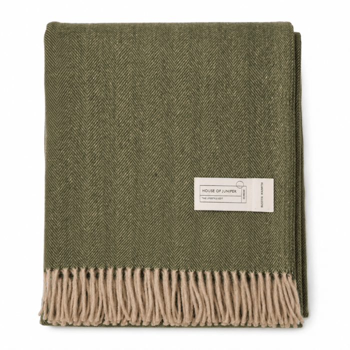 Recycled Wool Herringbone Blanket with Fringe - Soft Warm Throw - OLIVE - Heritage Of Scotland -