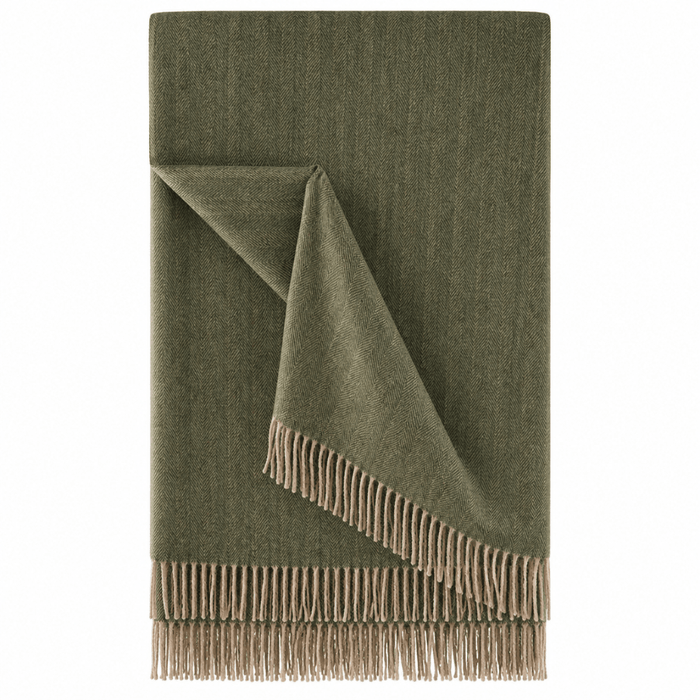 Recycled Wool Herringbone Blanket with Fringe - Soft Warm Throw - OLIVE - Heritage Of Scotland -
