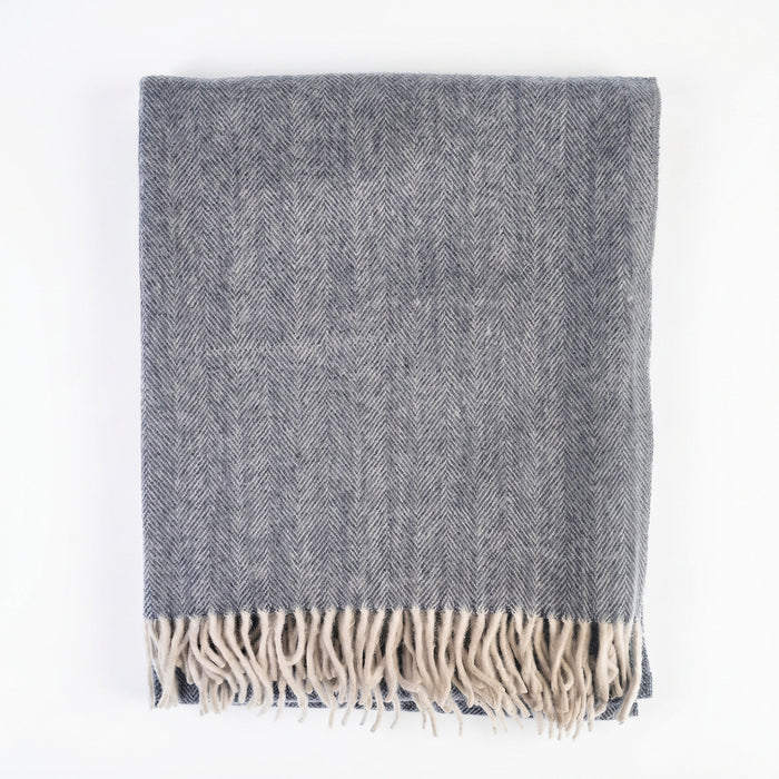 Recycled Wool Herringbone Knee Blanket – Pastel Fringed Throw - DENIM