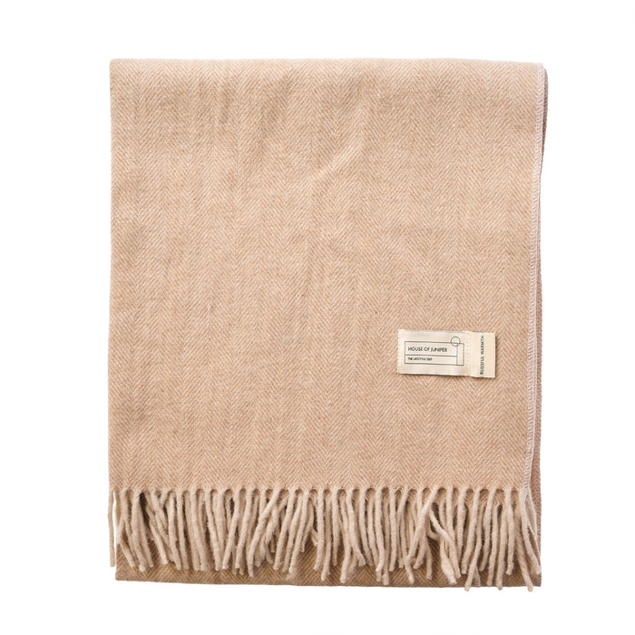 Recycled Wool Herringbone Knee Blanket – Pastel Fringed Throw - SAND BEIGE/NATURAL