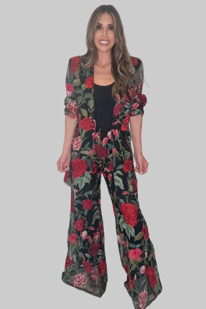 Style the Red Floral Lace Flare Pants exclusively at Born To Glam