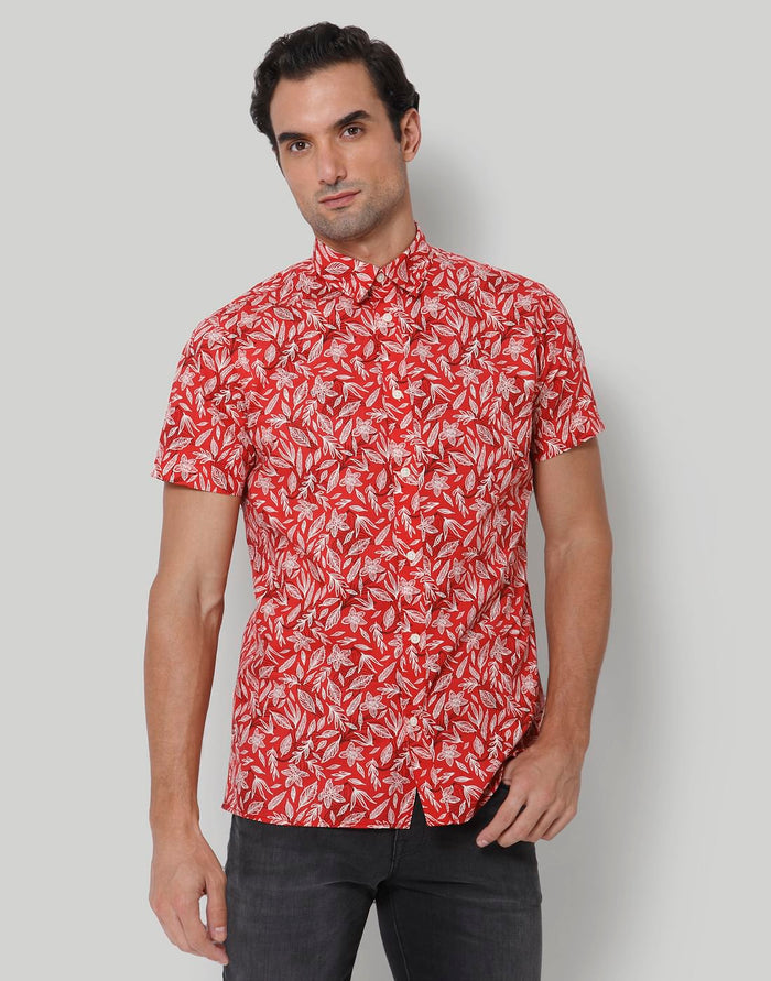Red Floral Print Short Sleeves Shirt