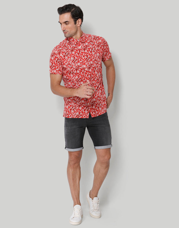 Red Floral Print Short Sleeves Shirt