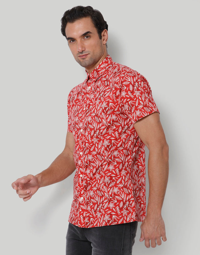 Red Floral Print Short Sleeves Shirt