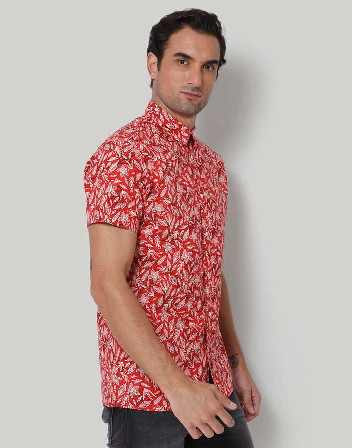 Red Floral Print Short Sleeves Shirt