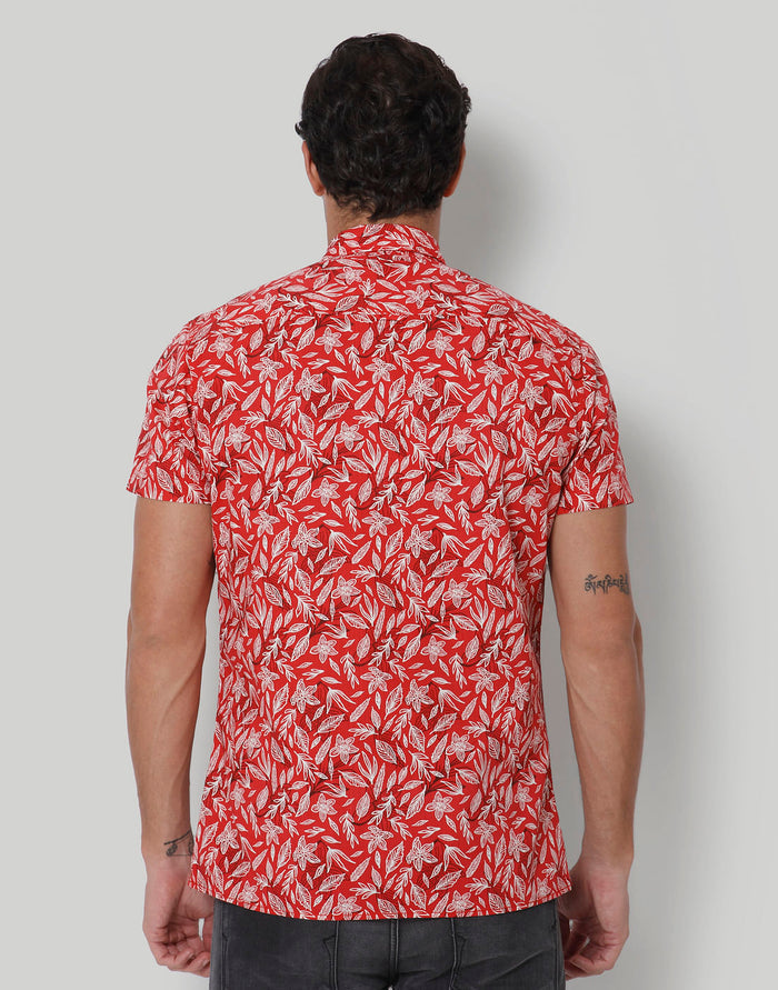 Red Floral Print Short Sleeves Shirt