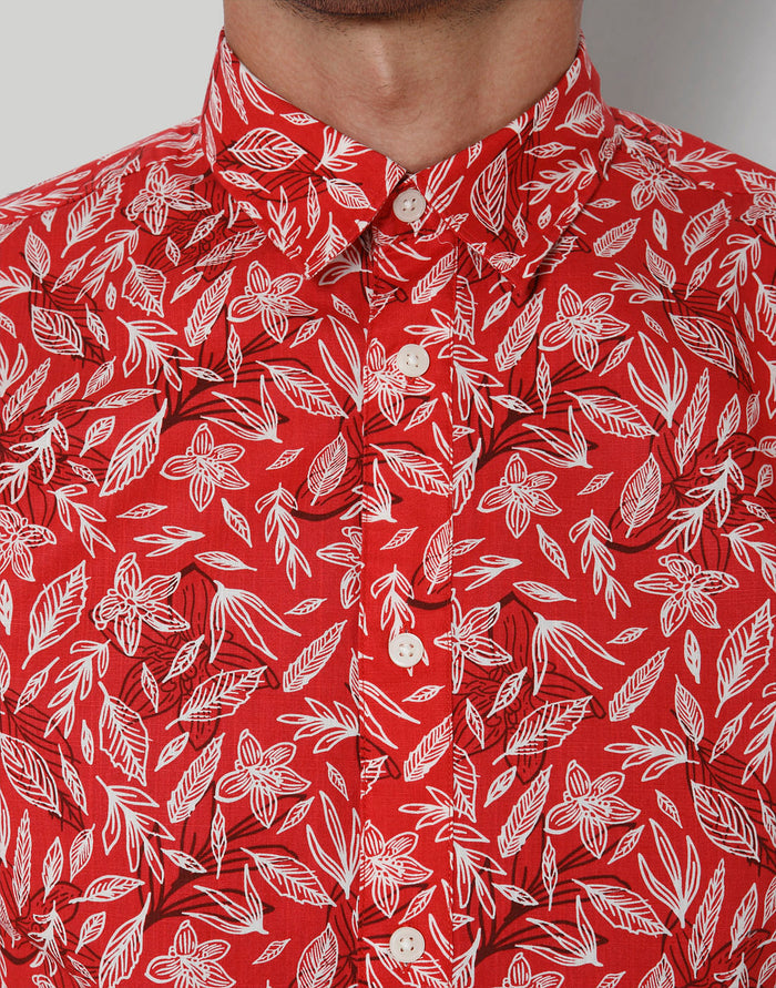 Red Floral Print Short Sleeves Shirt