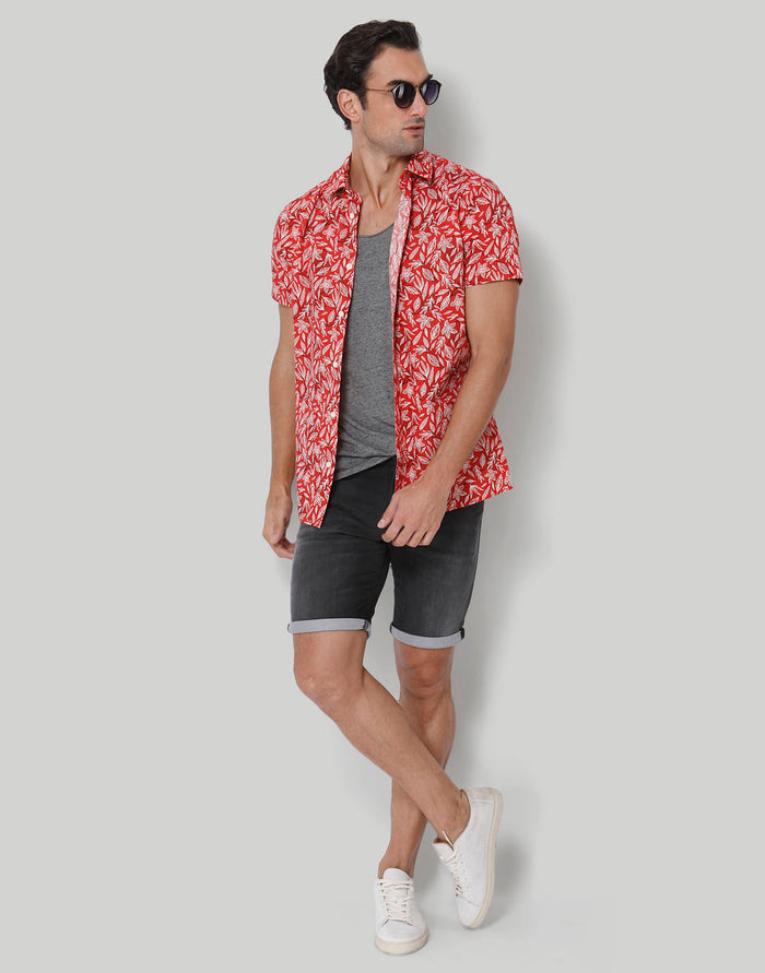Red Floral Print Short Sleeves Shirt