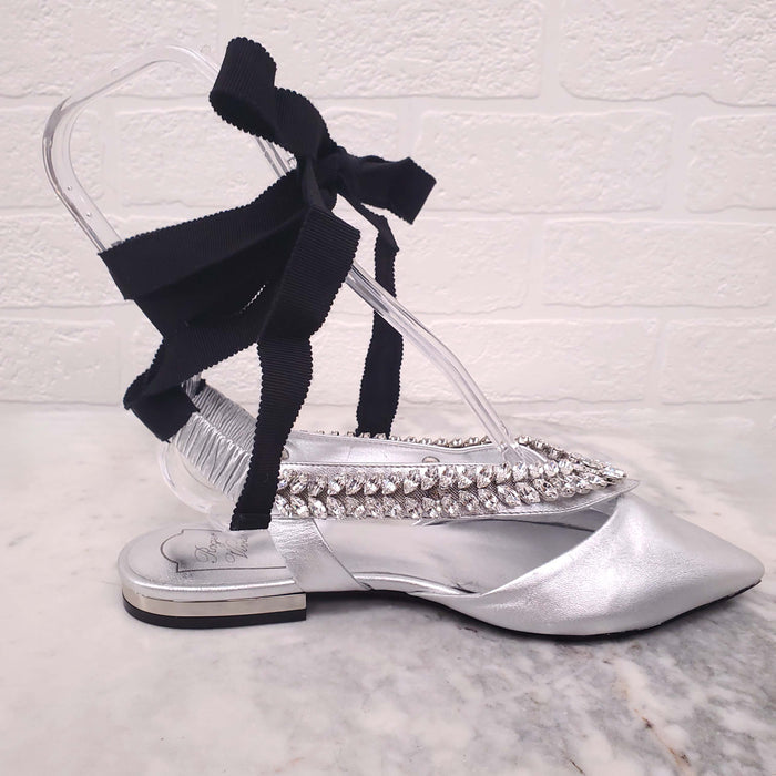 ROGER VIVIER V CRYSTAL-EMBELLISHED METALLIC LEATHER POIN-TOE FLATS - SIZE 36