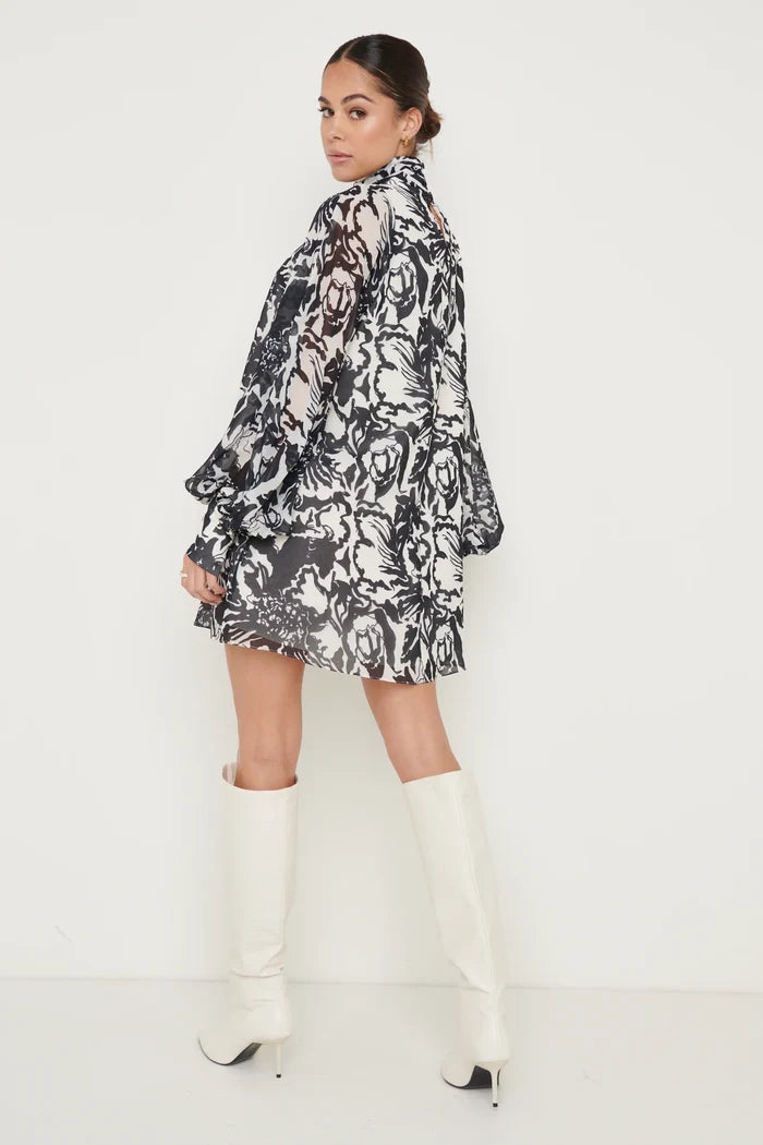 Romy Chiffon Mini Dress (Monochrome Floral)