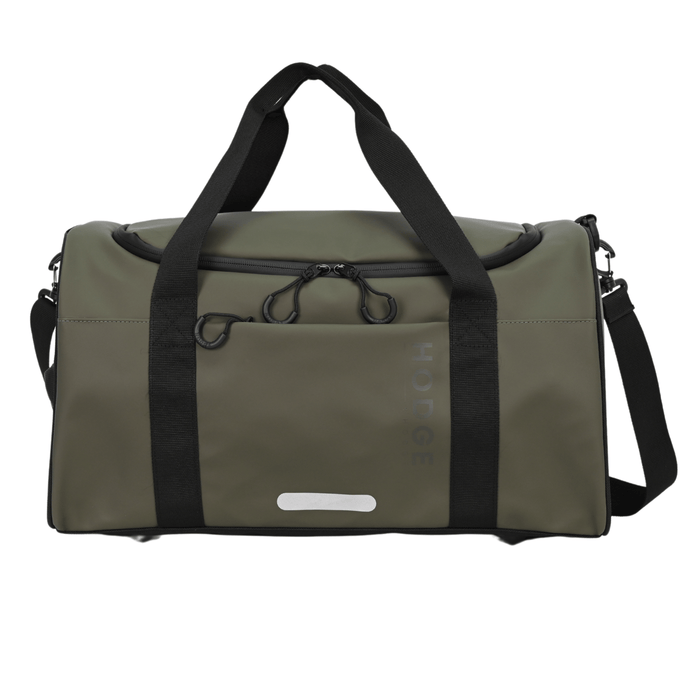 front view of hode and hodge duffle bag with rounded zip pull, carry handles and reflective detail