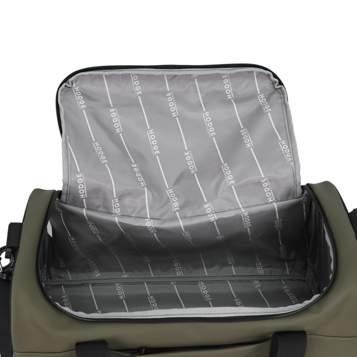 detail of interior with branded lining and one large main compartment