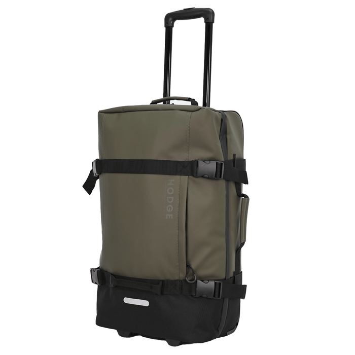 side view of medium hodge and hodge safari suitcase with telescopic handle, rounded zip pulls and stylish security buckles