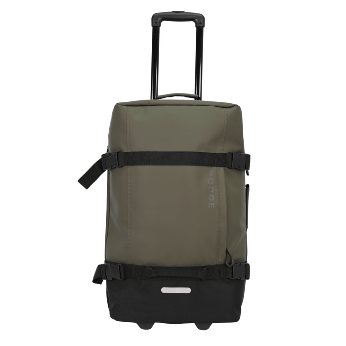 front view of arge hodge and hodge suitcase with telescopic handle, reflective details and exterior buckles