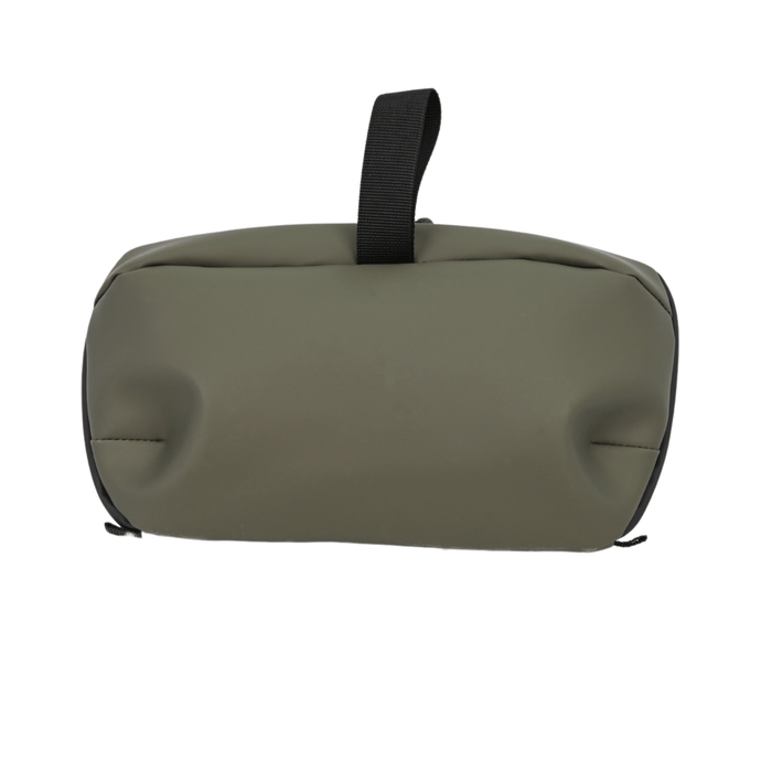 back view of wash bag with black hanging loop and soft polyester material