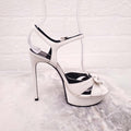 SAINT LAURENT WHITE PLATFORM HEELS WITH BOW DETAIL - SIZE 34.5