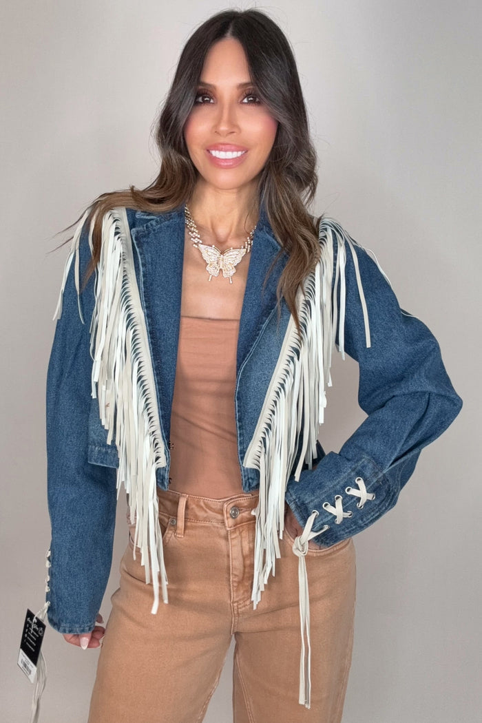 Style the Saints & Hearts Fringe Fever Denim Jacket exclusively at Born To Glam