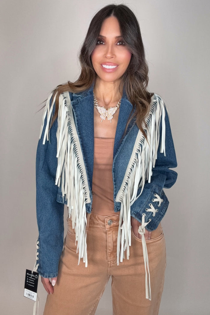 Style the Saints & Hearts Fringe Fever Denim Jacket exclusively at Born To Glam