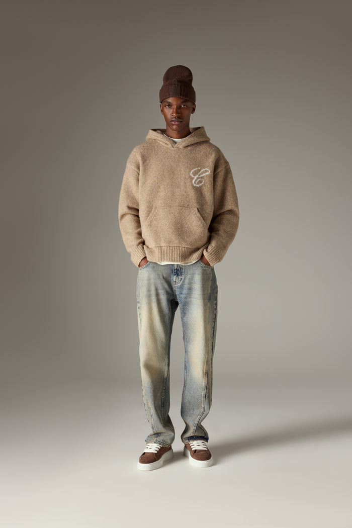 SCRIPT LOGO GRAPHIC KNITTED HOODIE - BEIGE