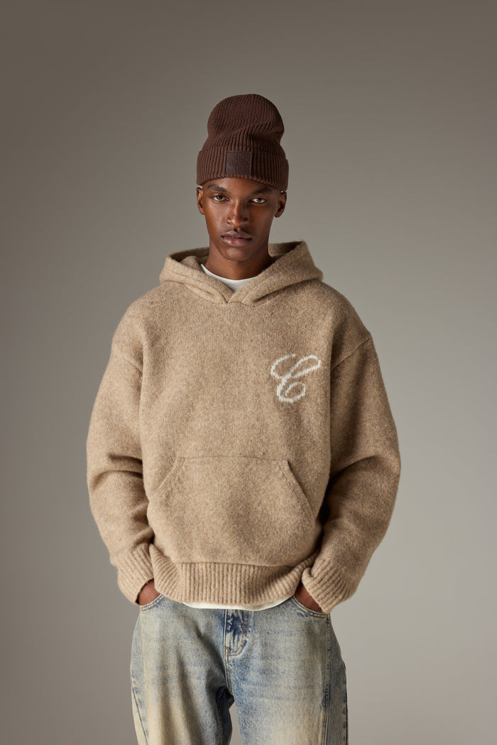 SCRIPT LOGO GRAPHIC KNITTED HOODIE - BEIGE