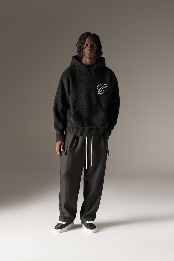 SCRIPT LOGO GRAPHIC KNITTED HOODIE - BLACK