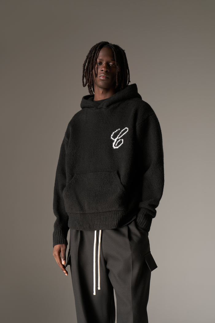 SCRIPT LOGO GRAPHIC KNITTED HOODIE - BLACK