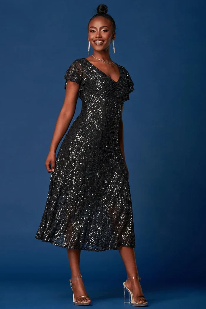 SEQUIN FIT & FLARE MAXI DRESS (BLACK)