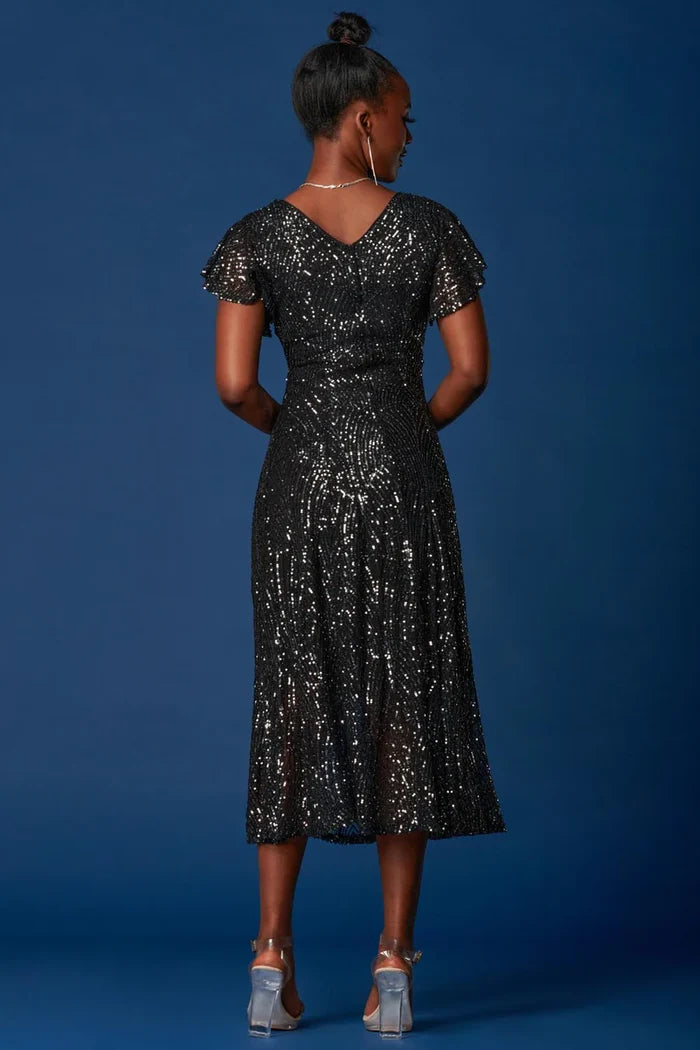 SEQUIN FIT & FLARE MAXI DRESS (BLACK)
