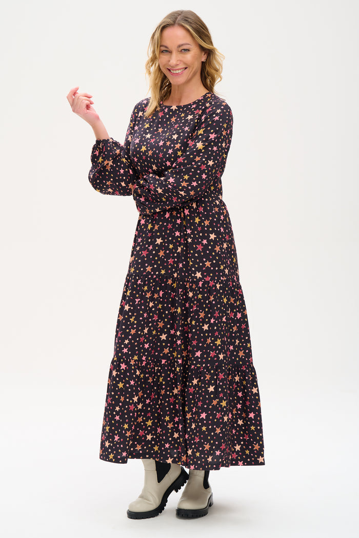 Shania Maxi Tiered Dress - Black, Cutout Stars