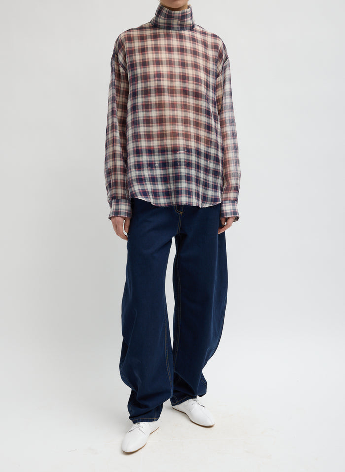 SILK COTTON PLAID FUNNEL NECK SHIRT