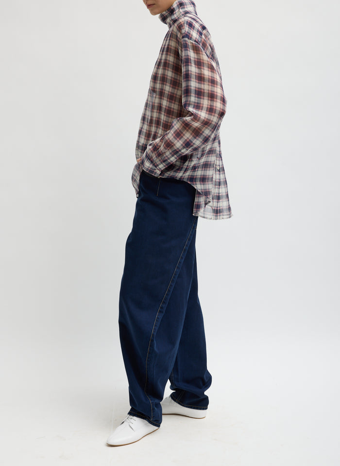 SILK COTTON PLAID FUNNEL NECK SHIRT