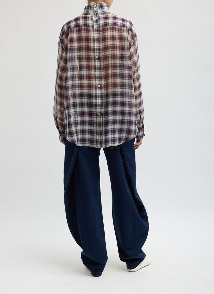 SILK COTTON PLAID FUNNEL NECK SHIRT
