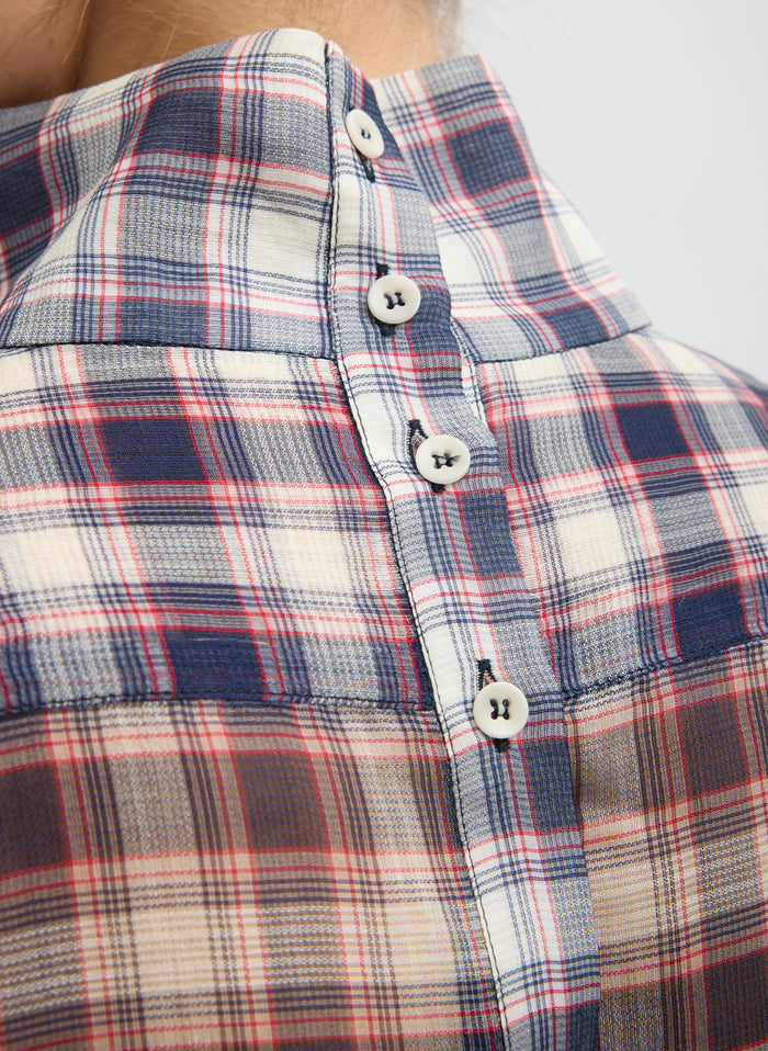 SILK COTTON PLAID FUNNEL NECK SHIRT
