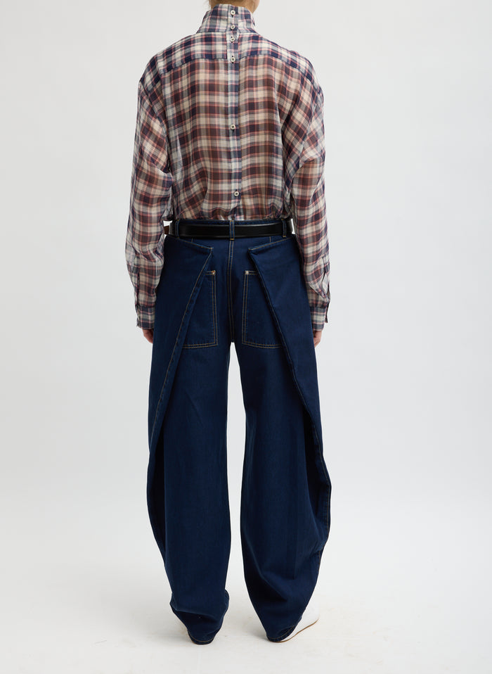 SILK COTTON PLAID FUNNEL NECK SHIRT
