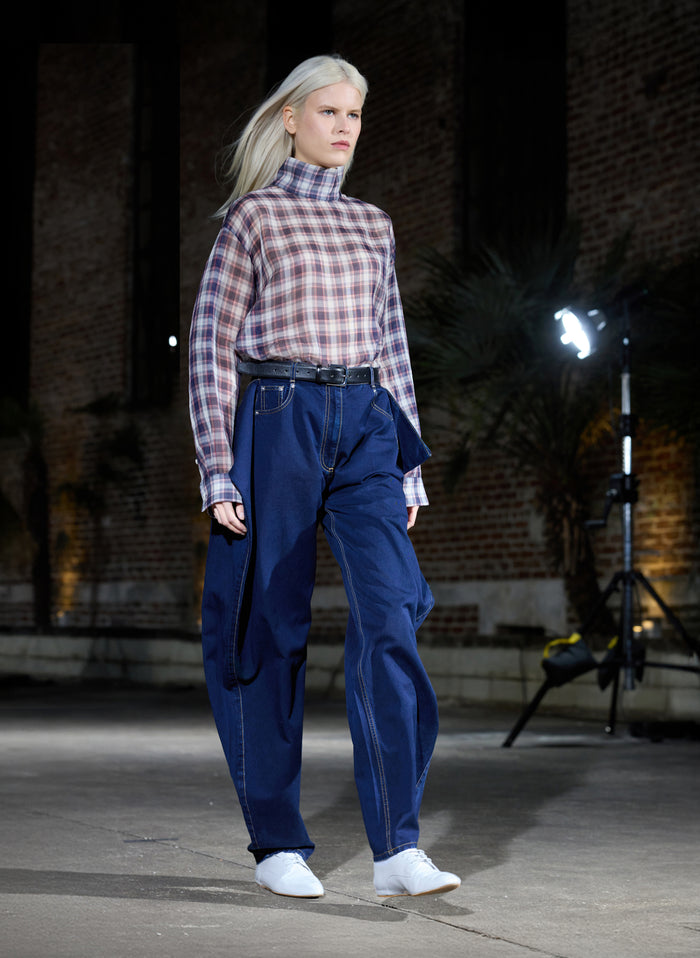 SILK COTTON PLAID FUNNEL NECK SHIRT