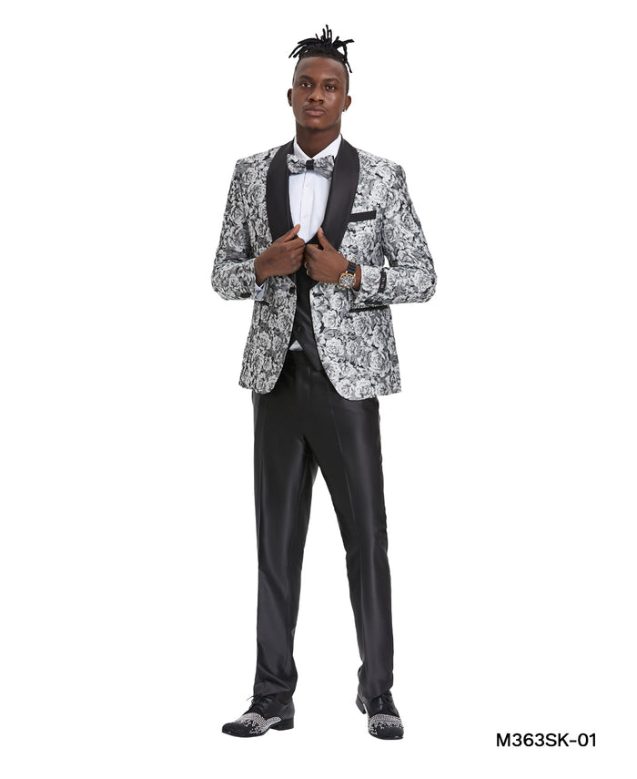 Silver / Black Shawl Collar Paisley Mens-suit - Giorgio's Menswear