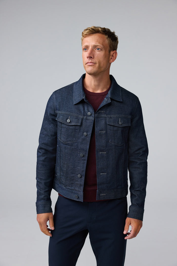 Front view of man wearing SILVER Denim Jacket in Dark Indigo