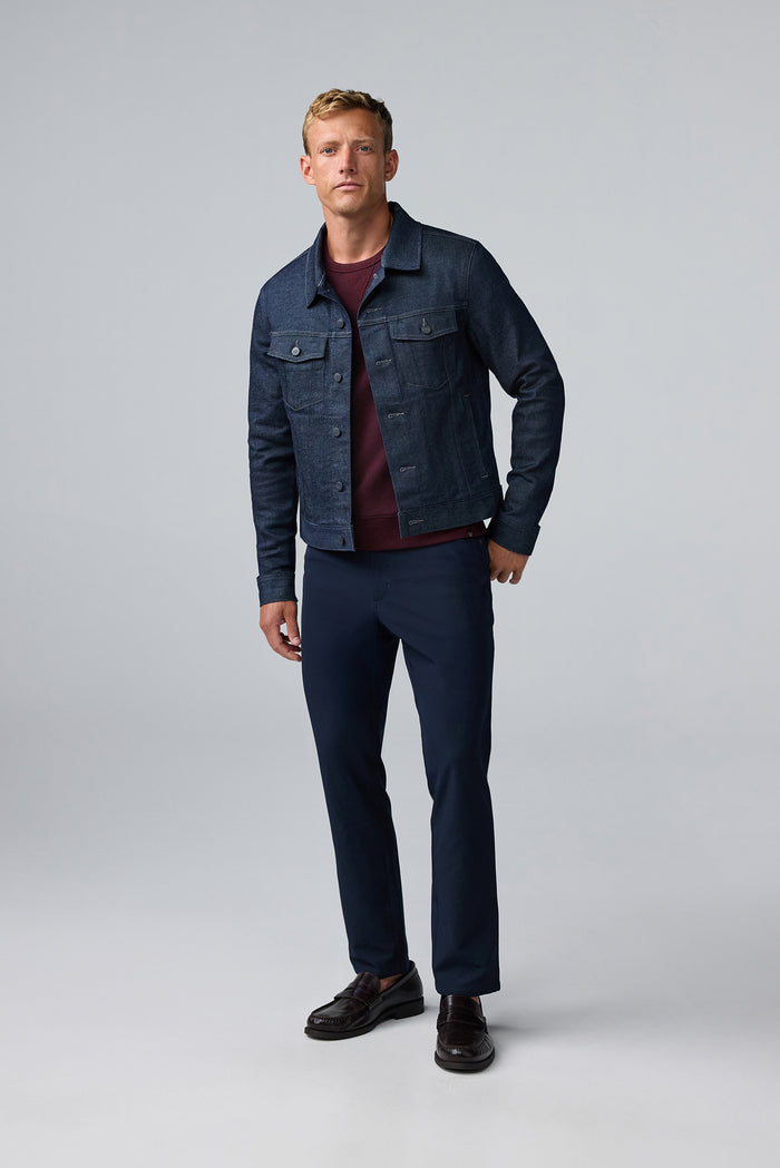Full body front view of man wearing SILVER Denim Jacket in Dark Indigo