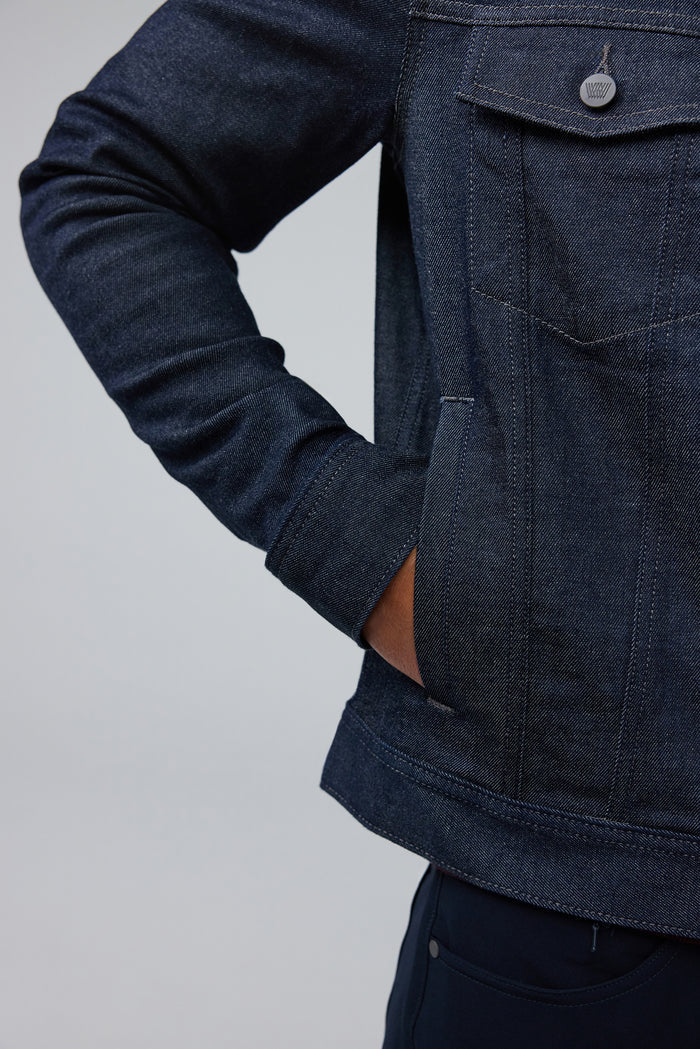 Detail pocket view of man wearing SILVER Denim Jacket in Dark Indigo