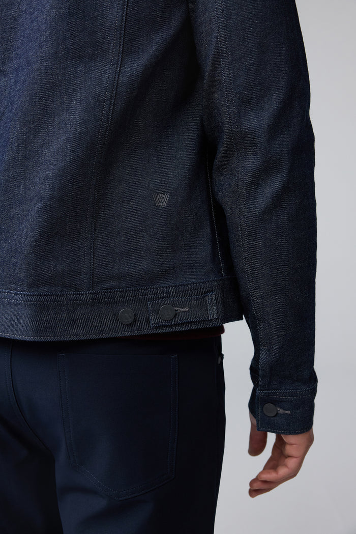 Detail side view of man wearing SILVER Denim Jacket in Dark Indigo