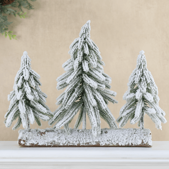 Snow Frosted Christmas Tree Trio Wooden Log Decoration 32cm