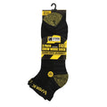 Pack of 3 black crew work socks with yellow text and Storm Ridge branding on a white background