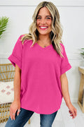 Strawberry Pink Waffle Knit V-Neck Top with Chic Cuffed Sleeves