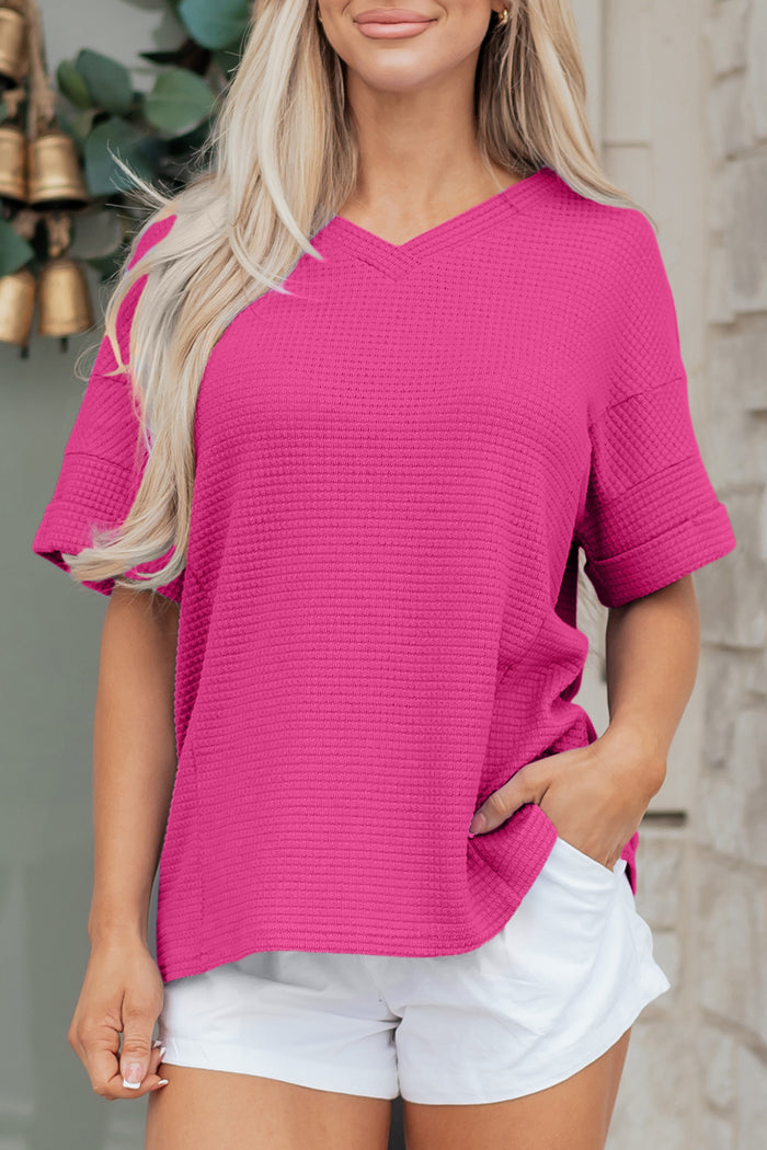 Strawberry Pink Waffle Knit V-Neck Top with Chic Cuffed Sleeves
